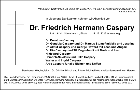 Traueranzeige von Friedrich Hermann Caspary von Gesamtausgabe Nürnberger Nachrichten/ Nürnberger Ztg.