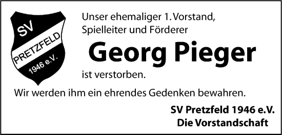 Traueranzeige von Georg Pieger von Nordbayerische Nachrichten Forchheim Lokal