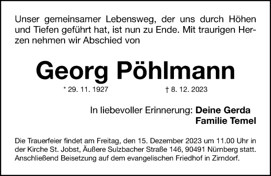 Traueranzeige von Georg Pöhlmann von Gesamtausgabe Nürnberger Nachrichten/ Nürnberger Ztg.