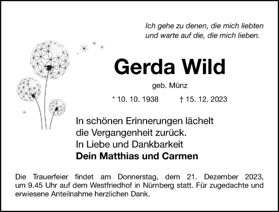 Traueranzeige von Gerda Wild von Fürther Nachrichten Lokal
