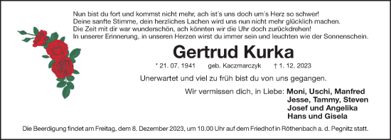 Traueranzeige von Gertrud Kurka von Gesamtausgabe Nürnberger Nachrichten/ Nürnberger Ztg.