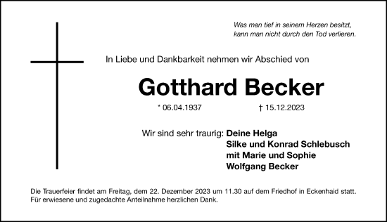Traueranzeige von Gotthard Becker von Gesamtausgabe Nürnberger Nachrichten/ Nürnberger Ztg.