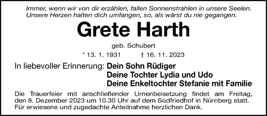 Traueranzeige von Grete Harth von Gesamtausgabe Nürnberger Nachrichten/ Nürnberger Ztg.