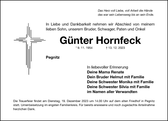 Traueranzeige von Günter Hornfeck von Nordbayerische Nachrichten Pegnitz Lokal