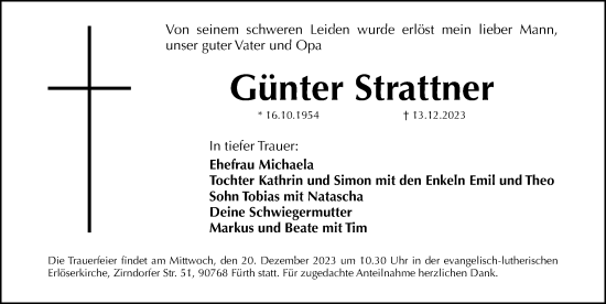 Traueranzeige von Günter Strattner von Fürther Nachrichten/ Gesamtausgabe Nürnberger Nachrichten/ Nürnberger Ztg.