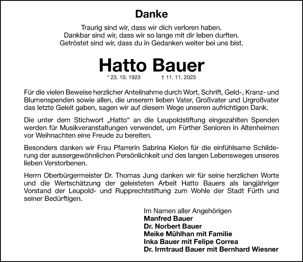  Traueranzeige für Hatto Bauer vom 09.12.2023 aus Fürther Nachrichten Lokal