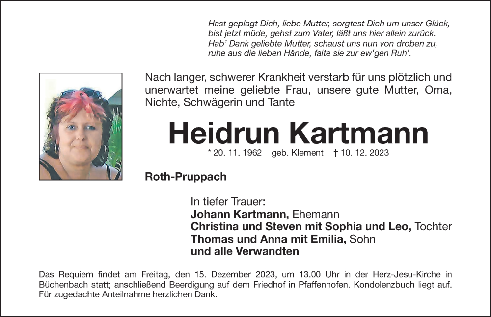  Traueranzeige für Heidrun Kartmann vom 13.12.2023 aus Roth-Hilpoltsteiner Volkszeitung Lokal