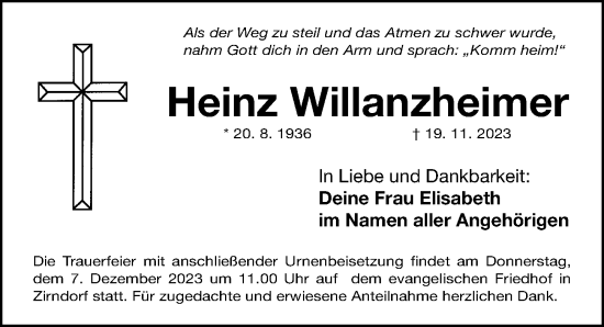 Traueranzeige von Heinz Willanzheimer von Fürther Nachrichten Lokal