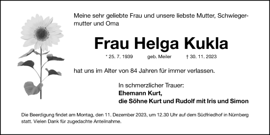 Traueranzeige von Helga Kukla von Gesamtausgabe Nürnberger Nachrichten/ Nürnberger Ztg.