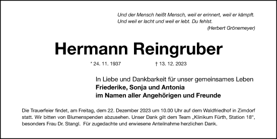 Traueranzeige von Hermann Reingruber von Gesamtausgabe Nürnberger Nachrichten/ Nürnberger Ztg.