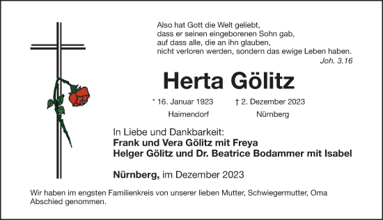 Traueranzeige von Herta Gölitz von Gesamtausgabe Nürnberger Nachrichten/ Nürnberger Ztg.