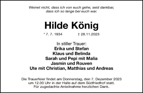Traueranzeige von Hilde König von Gesamtausgabe Nürnberger Nachrichten/ Nürnberger Ztg.