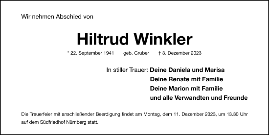 Traueranzeige von Hiltrud Winkler von Gesamtausgabe Nürnberger Nachrichten/ Nürnberger Ztg.