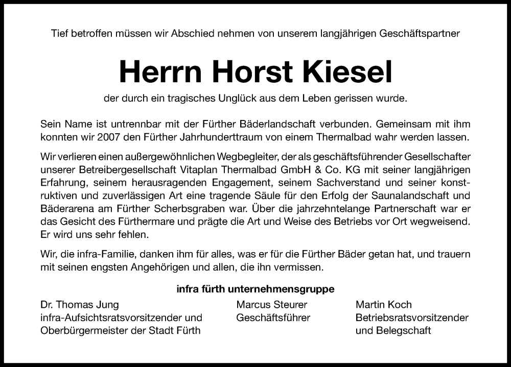  Traueranzeige für Horst Kiesel vom 30.12.2023 aus Fürther Nachrichten Lokal