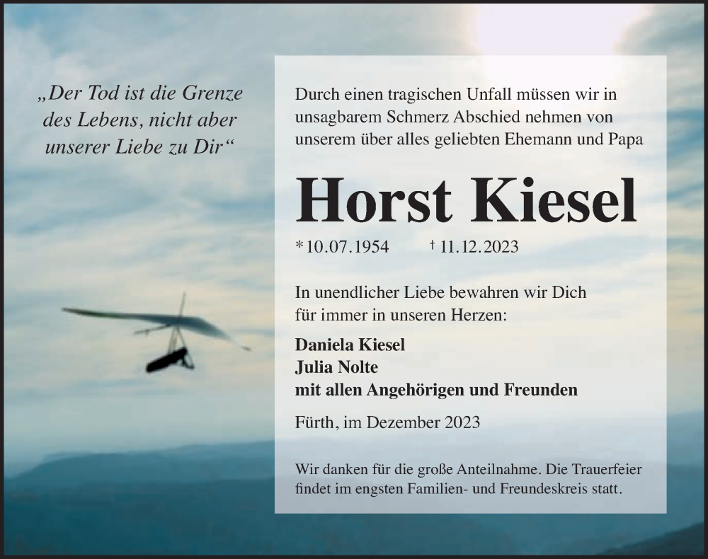  Traueranzeige für Horst Kiesel vom 30.12.2023 aus Gesamtausgabe Nürnberger Nachrichten/ Nürnberger Ztg.