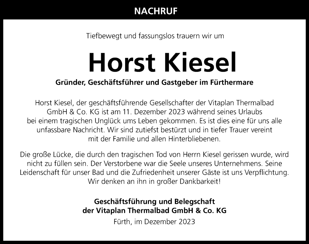  Traueranzeige für Horst Kiesel vom 30.12.2023 aus Gesamtausgabe Nürnberger Nachrichten/ Nürnberger Ztg.