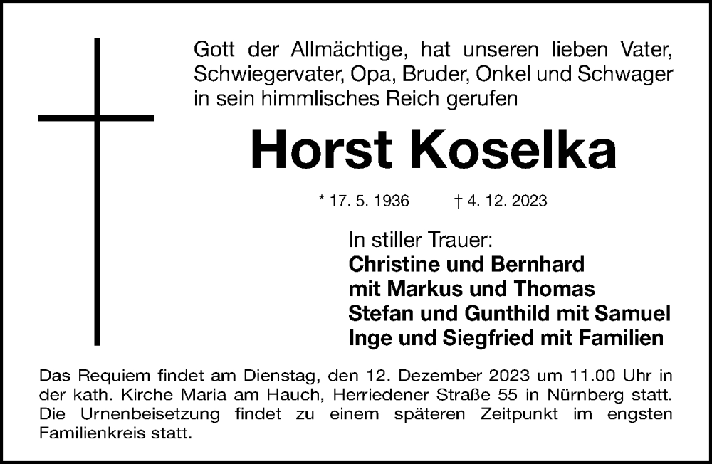  Traueranzeige für Horst Koselka vom 09.12.2023 aus Gesamtausgabe Nürnberger Nachrichten/ Nürnberger Ztg.