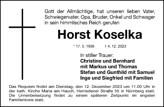 Traueranzeige von Horst Koselka von Gesamtausgabe Nürnberger Nachrichten/ Nürnberger Ztg.