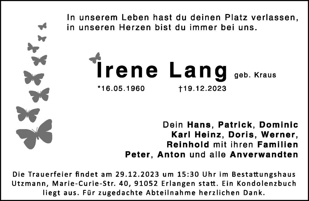  Traueranzeige für Irene Lang vom 28.12.2023 aus Nordbayerische Nachrichten Herzogenaurach Lokal