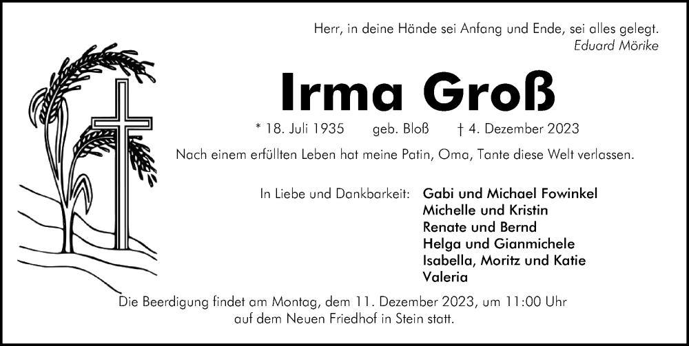  Traueranzeige für Irma Groß vom 09.12.2023 aus Gesamtausgabe Nürnberger Nachrichten/ Nürnberger Ztg.
