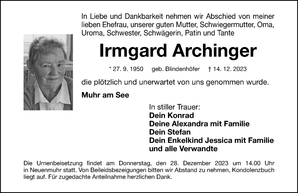  Traueranzeige für Irmgard Archinger vom 27.12.2023 aus Altmühl-Bote Lokal