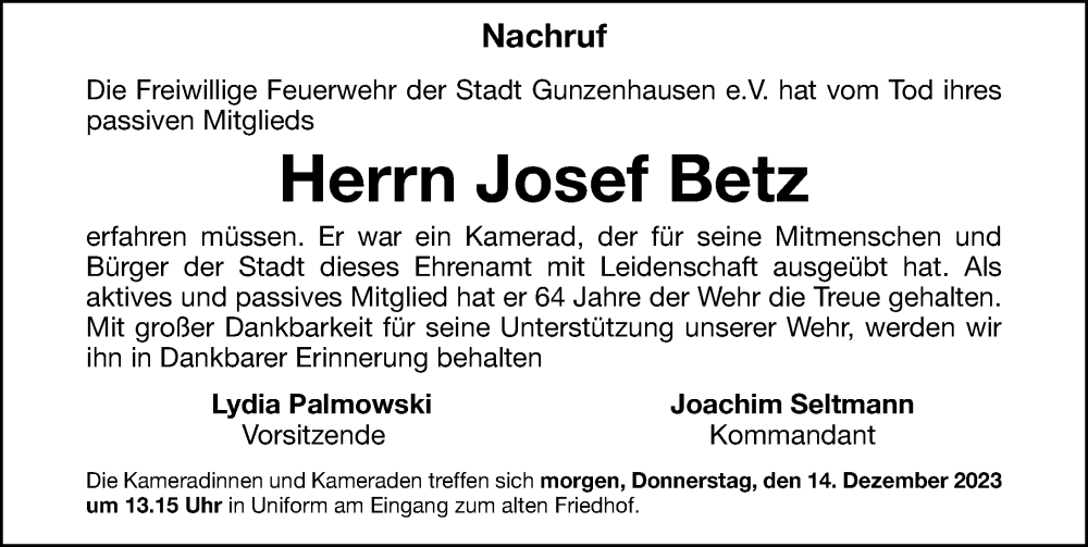  Traueranzeige für Josef Betz vom 13.12.2023 aus Altmühl-Bote Lokal
