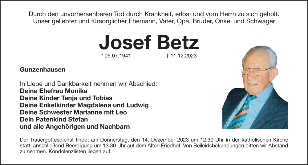  Traueranzeige für Josef Betz vom 13.12.2023 aus Altmühl-Bote Lokal