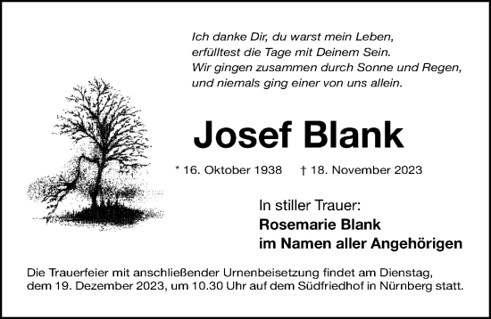 Traueranzeige von Josef Blank von Gesamtausgabe Nürnberger Nachrichten/ Nürnberger Ztg.