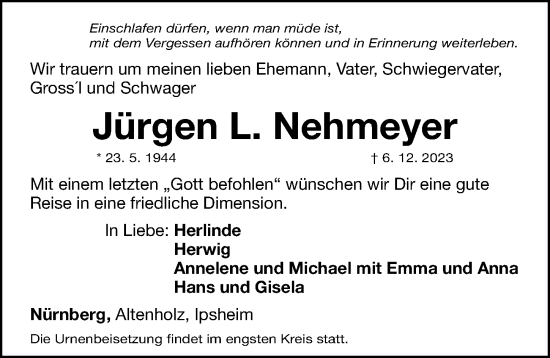 Traueranzeige von Jürgen Nehmeyer von Gesamtausgabe Nürnberger Nachrichten/ Nürnberger Ztg.