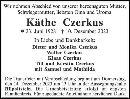 Traueranzeige von Käthe Czerkus von Roth-Hilpoltsteiner Volkszeitung Lokal