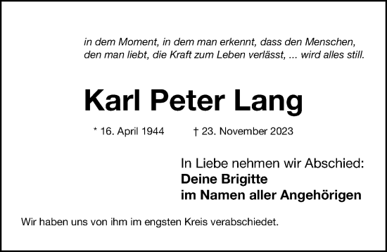 Traueranzeige von Karl Peter Lang von Gesamtausgabe Nürnberger Nachrichten/ Nürnberger Ztg.