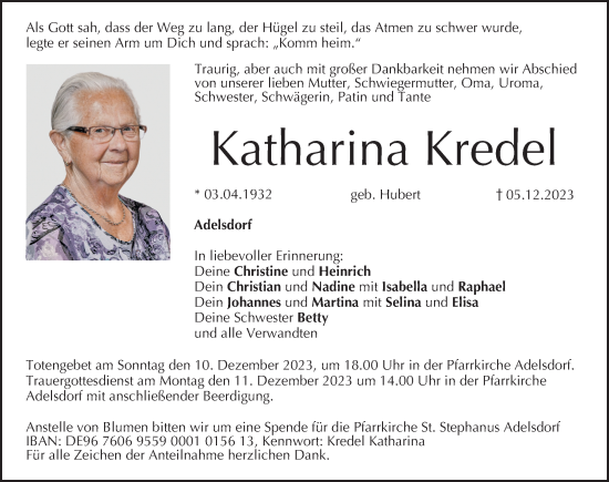 Traueranzeige von Katharina Kredel von Nordbayerische Nachrichten Herzogenaurach Lokal