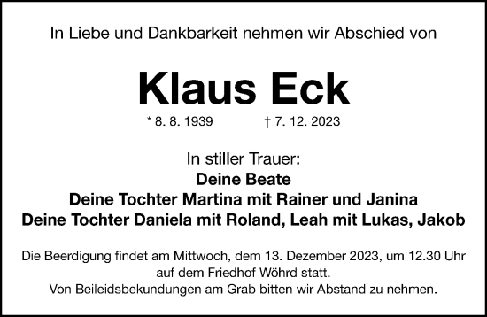 Traueranzeige von Klaus Eck von Gesamtausgabe Nürnberger Nachrichten/ Nürnberger Ztg.