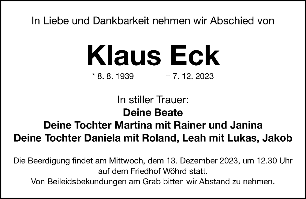  Traueranzeige für Klaus Eck vom 09.12.2023 aus Gesamtausgabe Nürnberger Nachrichten/ Nürnberger Ztg.