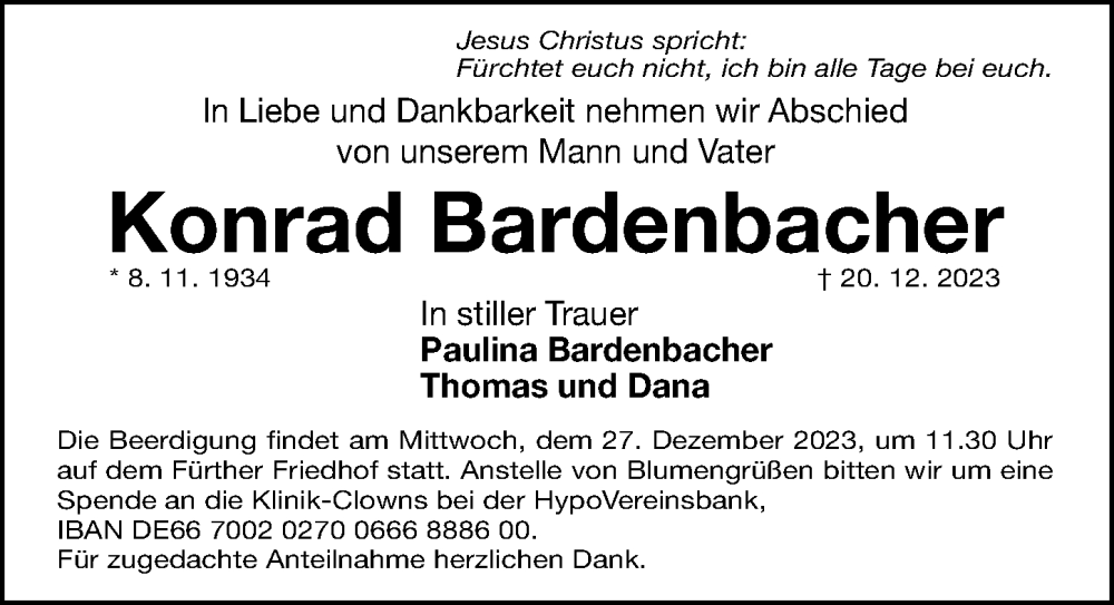  Traueranzeige für Konrad Bardenbacher vom 23.12.2023 aus Fürther Nachrichten Lokal