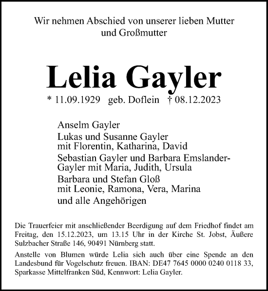 Traueranzeige von Lelia Gayler von Gesamtausgabe Nürnberger Nachrichten/ Nürnberger Ztg.