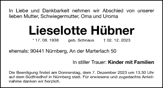 Traueranzeige von Lieselotte Hübner von Gesamtausgabe Nürnberger Nachrichten/ Nürnberger Ztg.