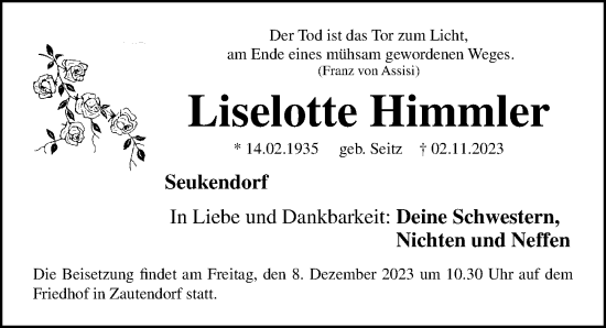 Traueranzeige von Liselotte Himmler von Fürther Nachrichten Lokal