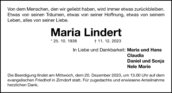 Traueranzeige von Maria Lindert von Fürther Nachrichten Lokal