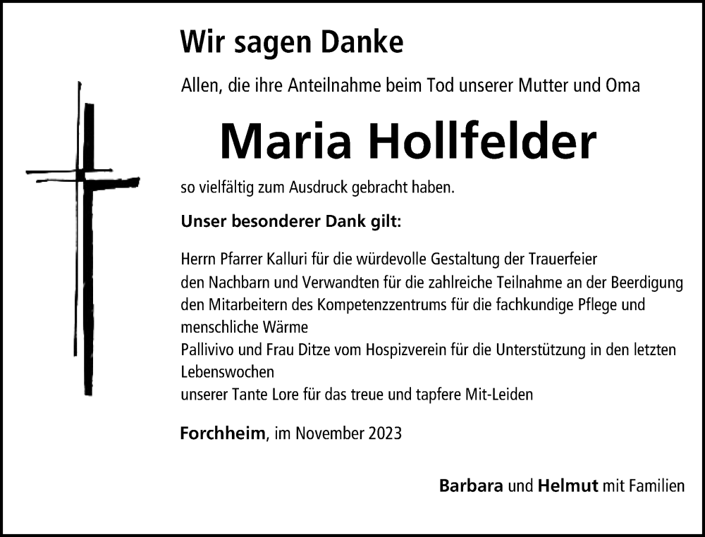  Traueranzeige für Maria Rollfelder vom 02.12.2023 aus Nordbayerische Nachrichten Forchheim Lokal
