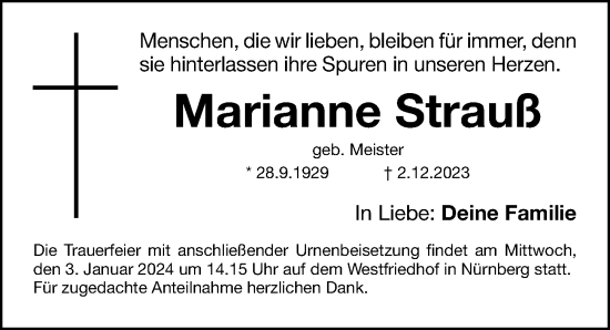 Traueranzeige von Marianne Strauß von Gesamtausgabe Nürnberger Nachrichten/ Nürnberger Ztg.