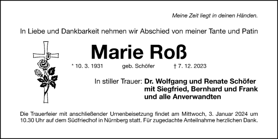 Traueranzeige von Marie Roß von Gesamtausgabe Nürnberger Nachrichten/ Nürnberger Ztg.