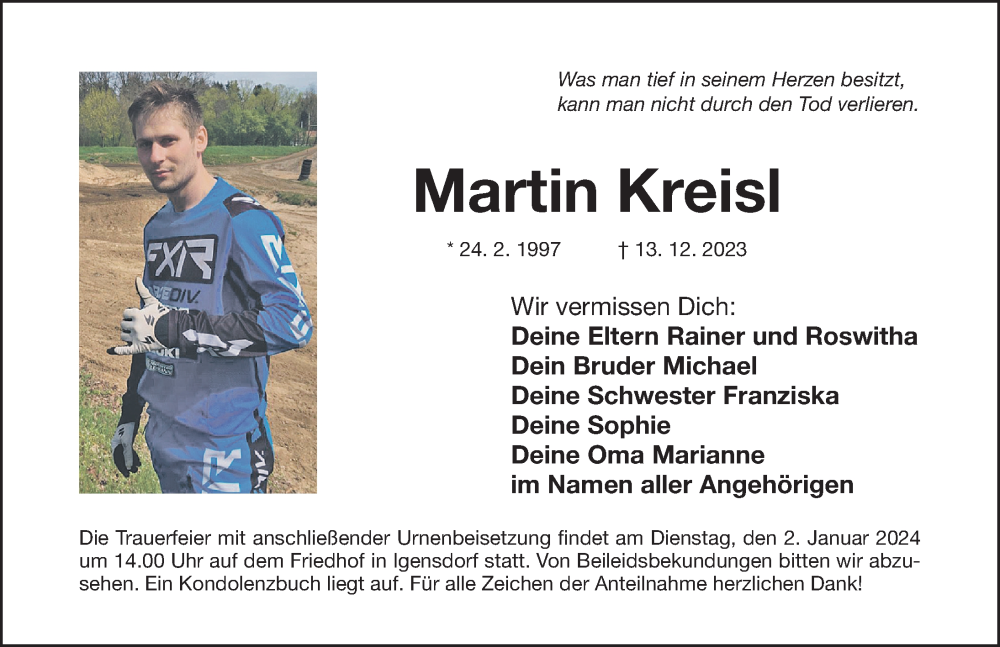  Traueranzeige für Martin Kreisl vom 30.12.2023 aus Nordbayerische Nachrichten Forchheim Lokal