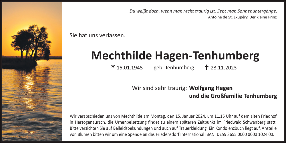  Traueranzeige für Mechthilde Hagen-Tenhumberg vom 09.12.2023 aus Gesamtausgabe Nürnberger Nachrichten/ Nürnberger Ztg./ Fürther Nachrichten