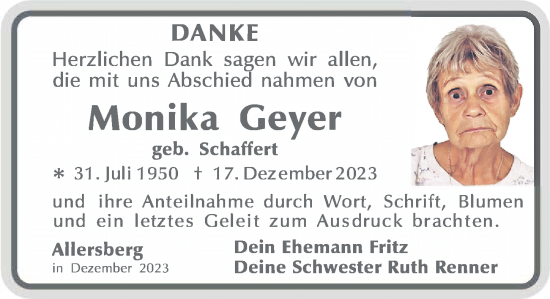 Traueranzeige von Monika Geyer von Roth-Hilpoltsteiner Volkszeitung Lokal
