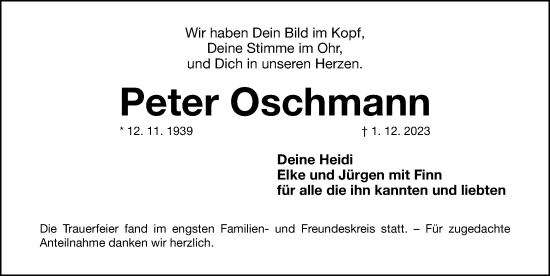 Traueranzeige von Peter Oschmann von Gesamtausgabe Nürnberger Nachrichten/ Nürnberger Ztg.