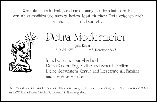 Traueranzeige von Petra Niedermeier von Gesamtausgabe Nürnberger Nachrichten/ Nürnberger Ztg.