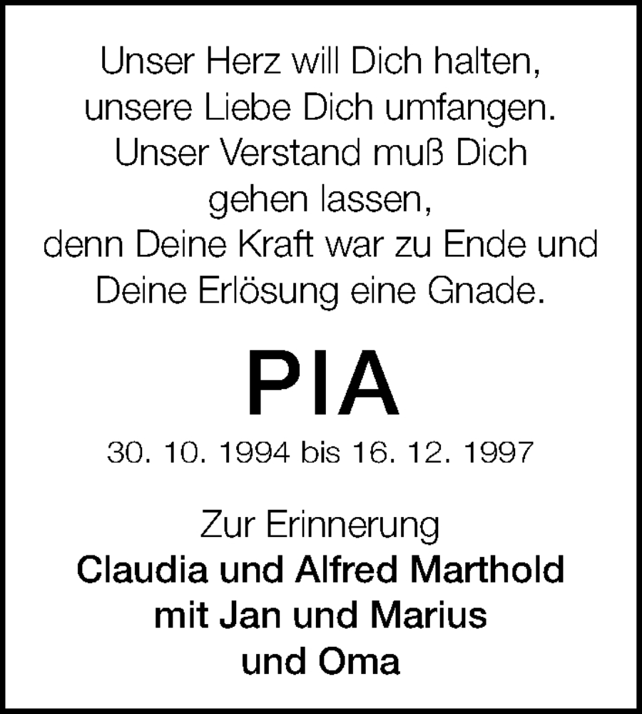 Traueranzeige für Pia  vom 16.12.2023 aus Gesamtausgabe Nürnberger Nachrichten/ Nürnberger Ztg.