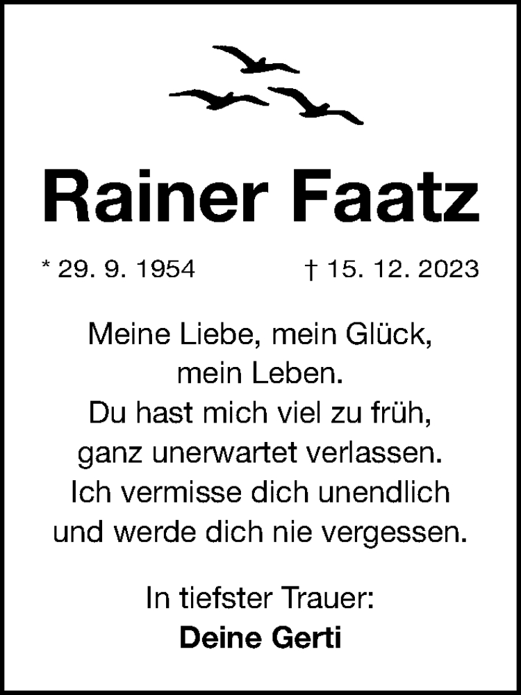  Traueranzeige für Rainer Faatz vom 23.12.2023 aus Gesamtausgabe Nürnberger Nachrichten/ Nürnberger Ztg.