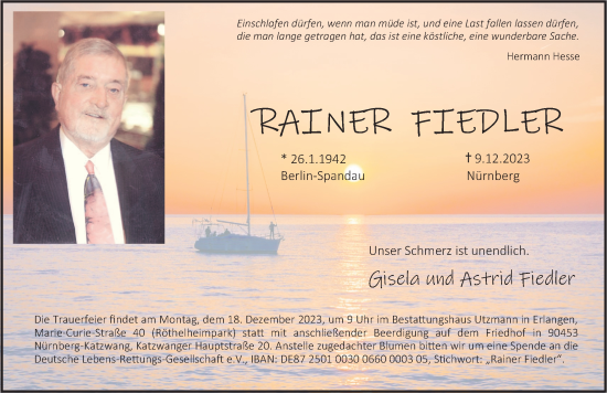 Traueranzeige von Rainer Fiedler von Gesamtausgabe Nürnberger Nachrichten/ Nürnberger Ztg.